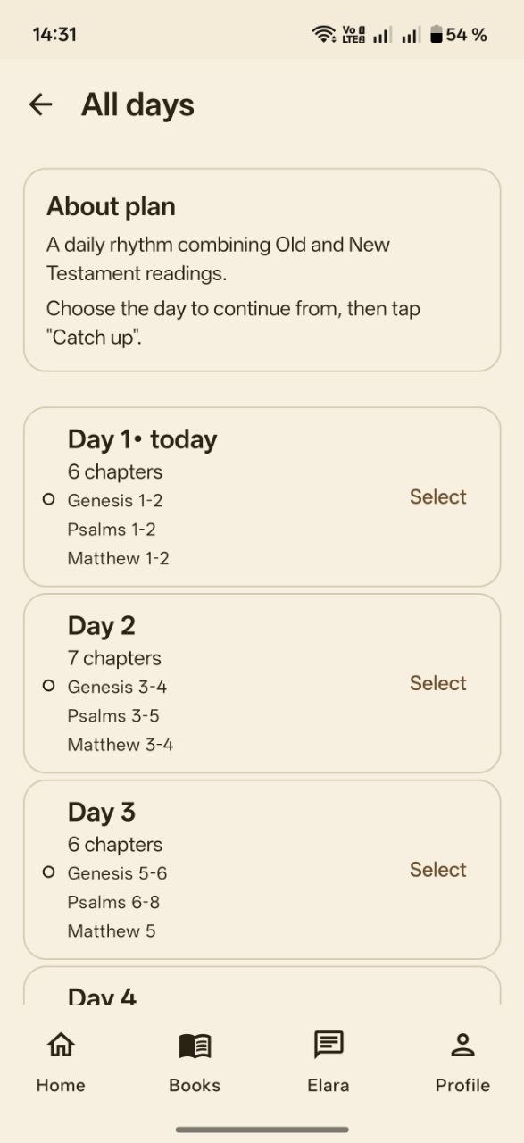 Active reading plan day in Bible with Elara