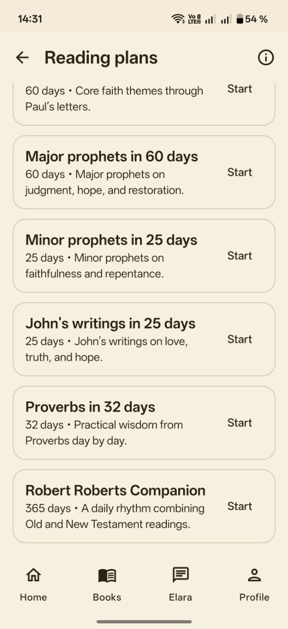 Reading plans list in Bible with Elara