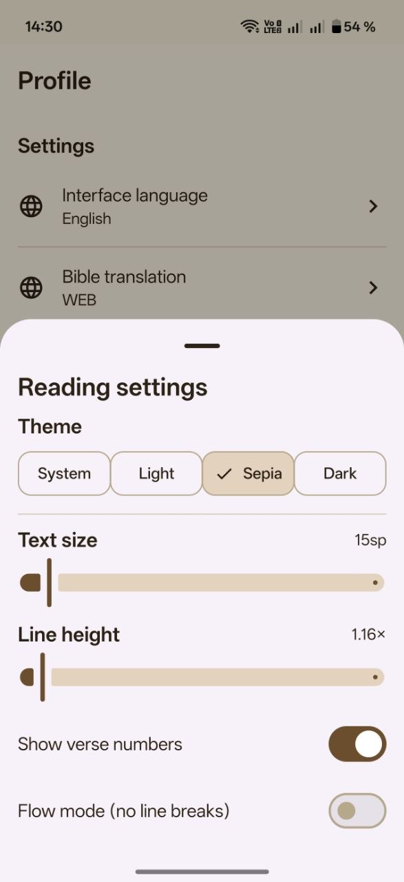 Reading settings in Bible with Elara