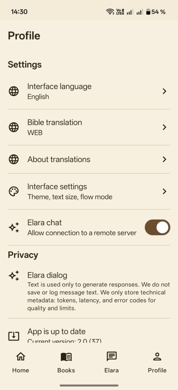 Profile screen showing Bible translation WEB